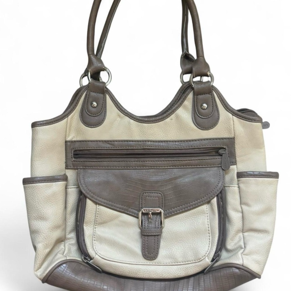Cream and Brown Women's Handbag